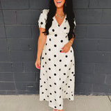 Polka Dot Puff Sleeve Maxi Dress - Cream/Black - Lace and Grace Boutique