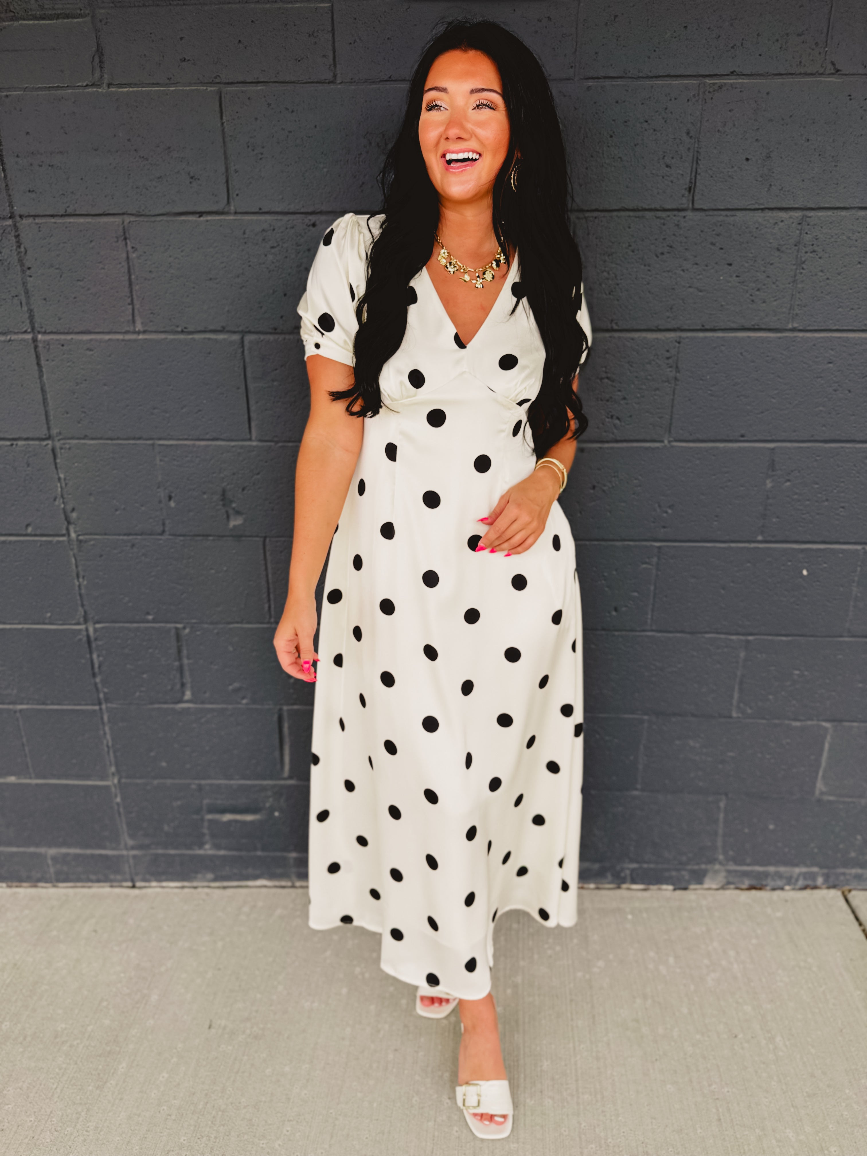 Polka Dot Puff Sleeve Maxi Dress - Cream/Black - Lace and Grace Boutique