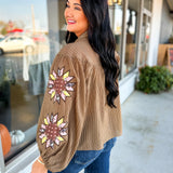 Embroidered Quilt Star Patch Crinkled Blouse - Olive