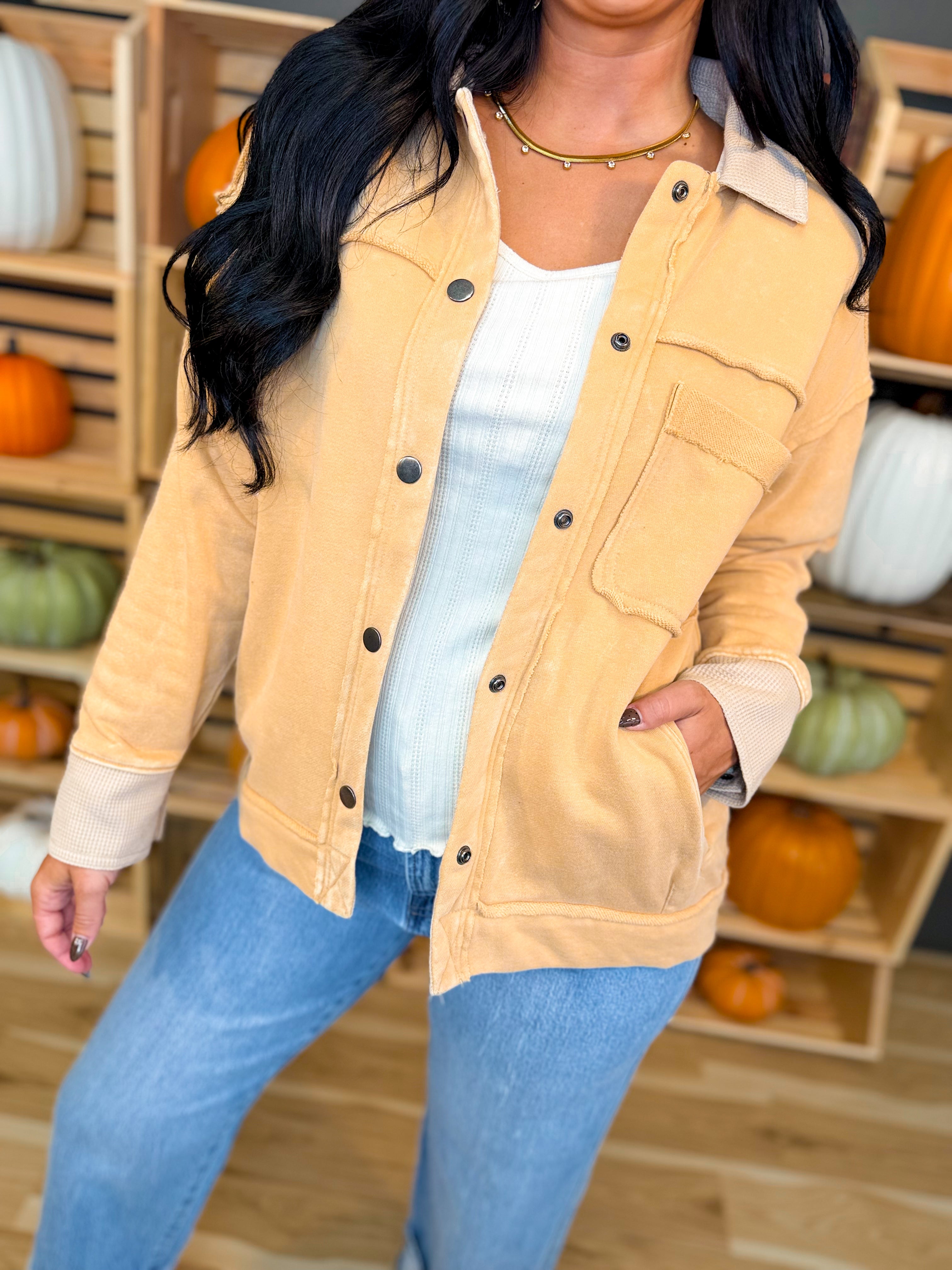 Washed Button Down Raw Edge Jacket - Ocher - Lace and Grace Boutique