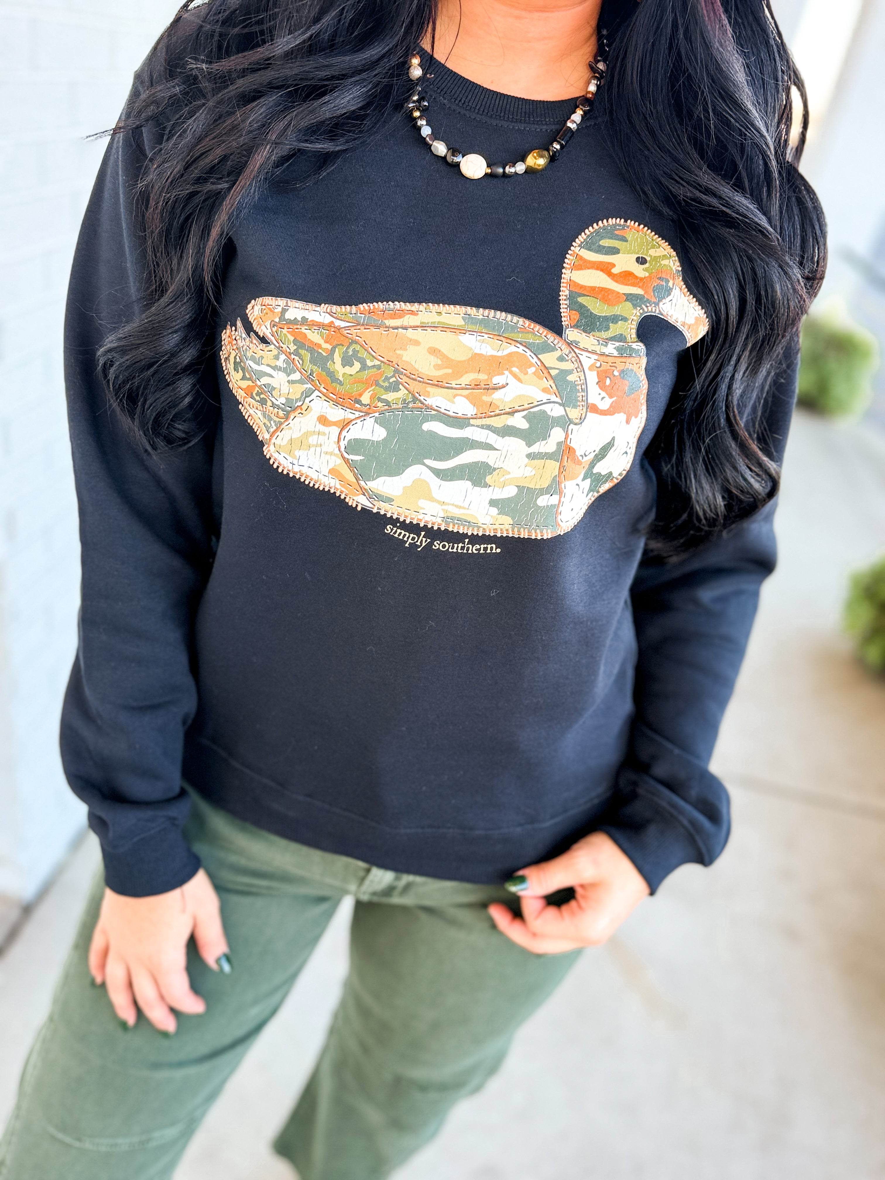 Simply Southern Camo Duck Patch Sweatshirt - Black - Lace and Grace Boutique