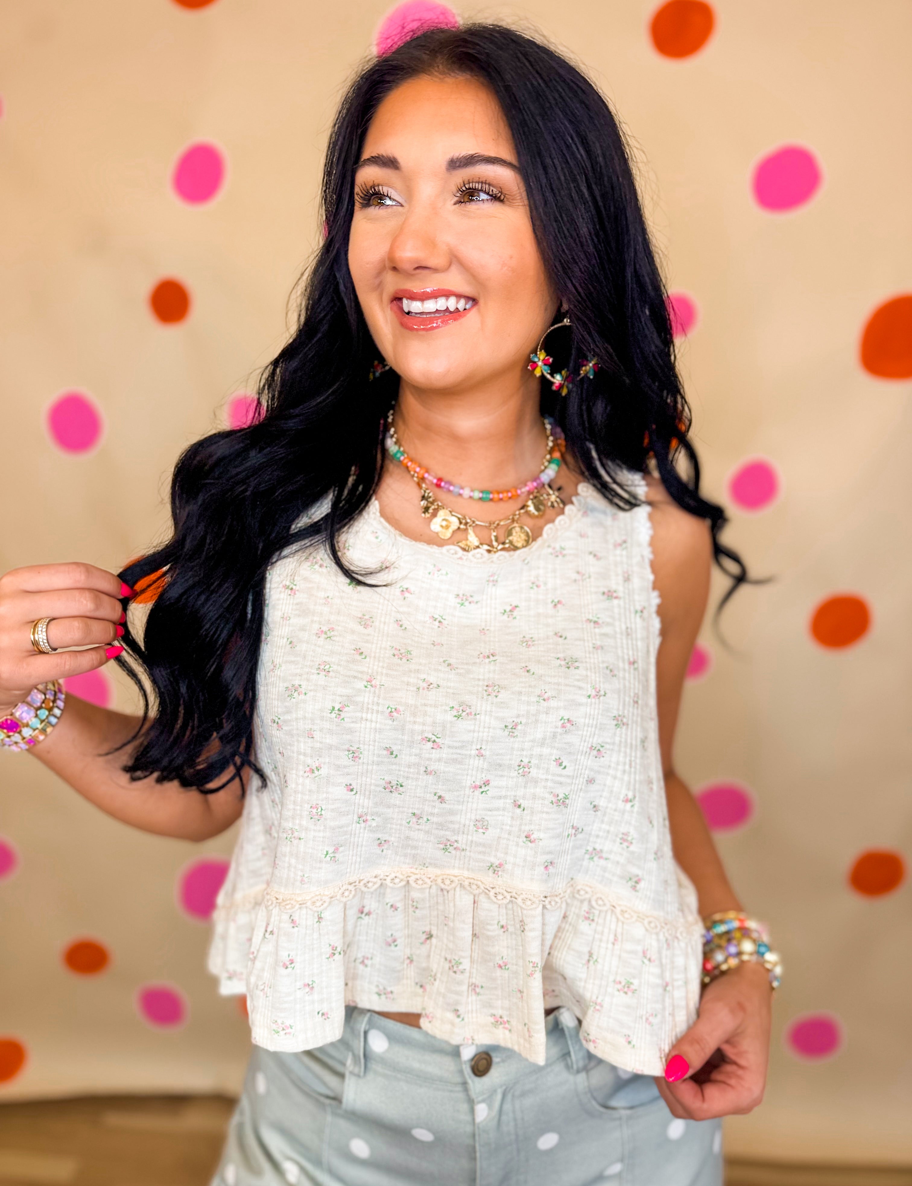 POL Floral Ruffle Hem Tank Top - Cream Multi - Lace and Grace Boutique