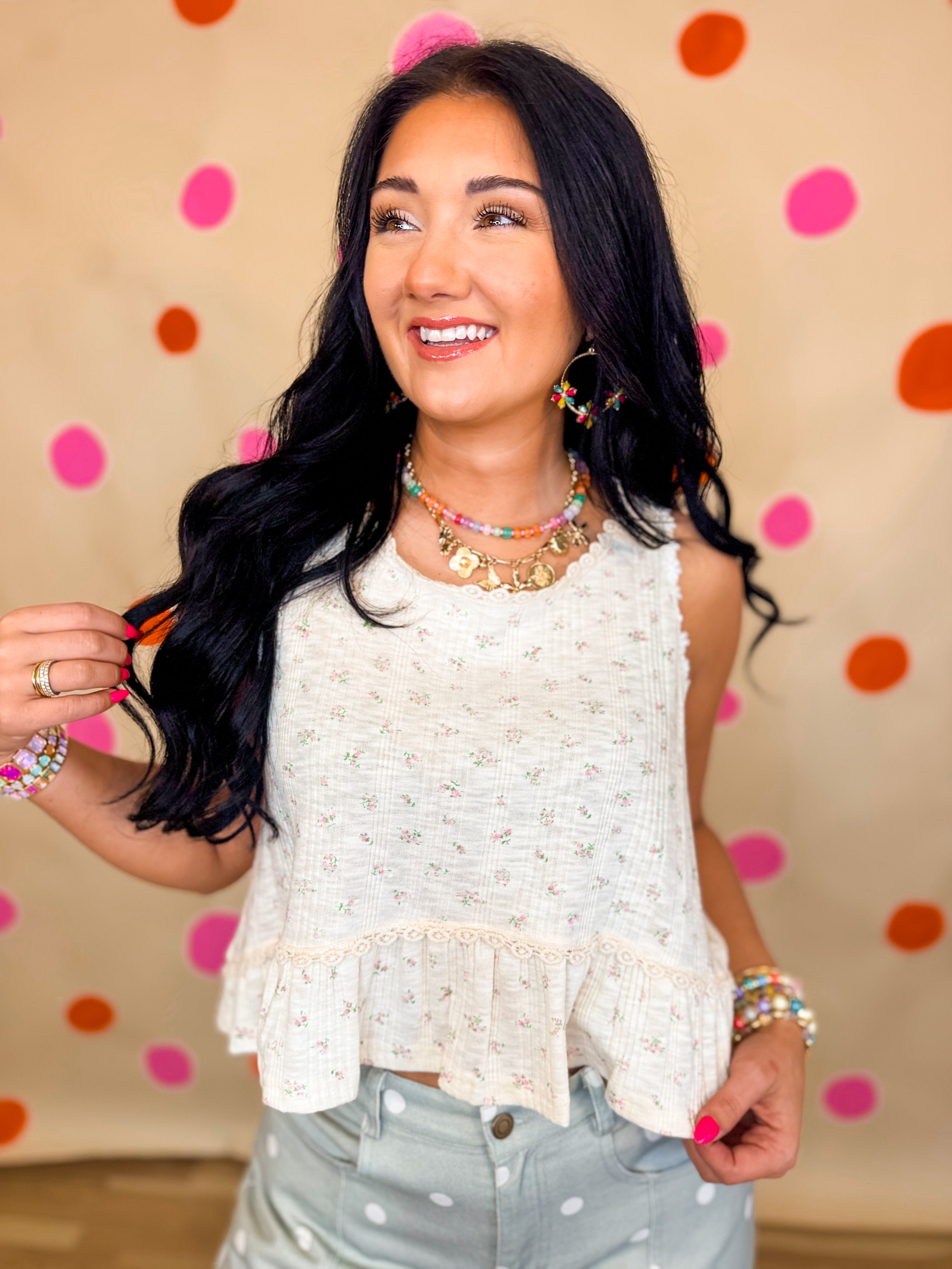 POL Floral Ruffle Hem Tank Top - Cream Multi - Lace and Grace Boutique
