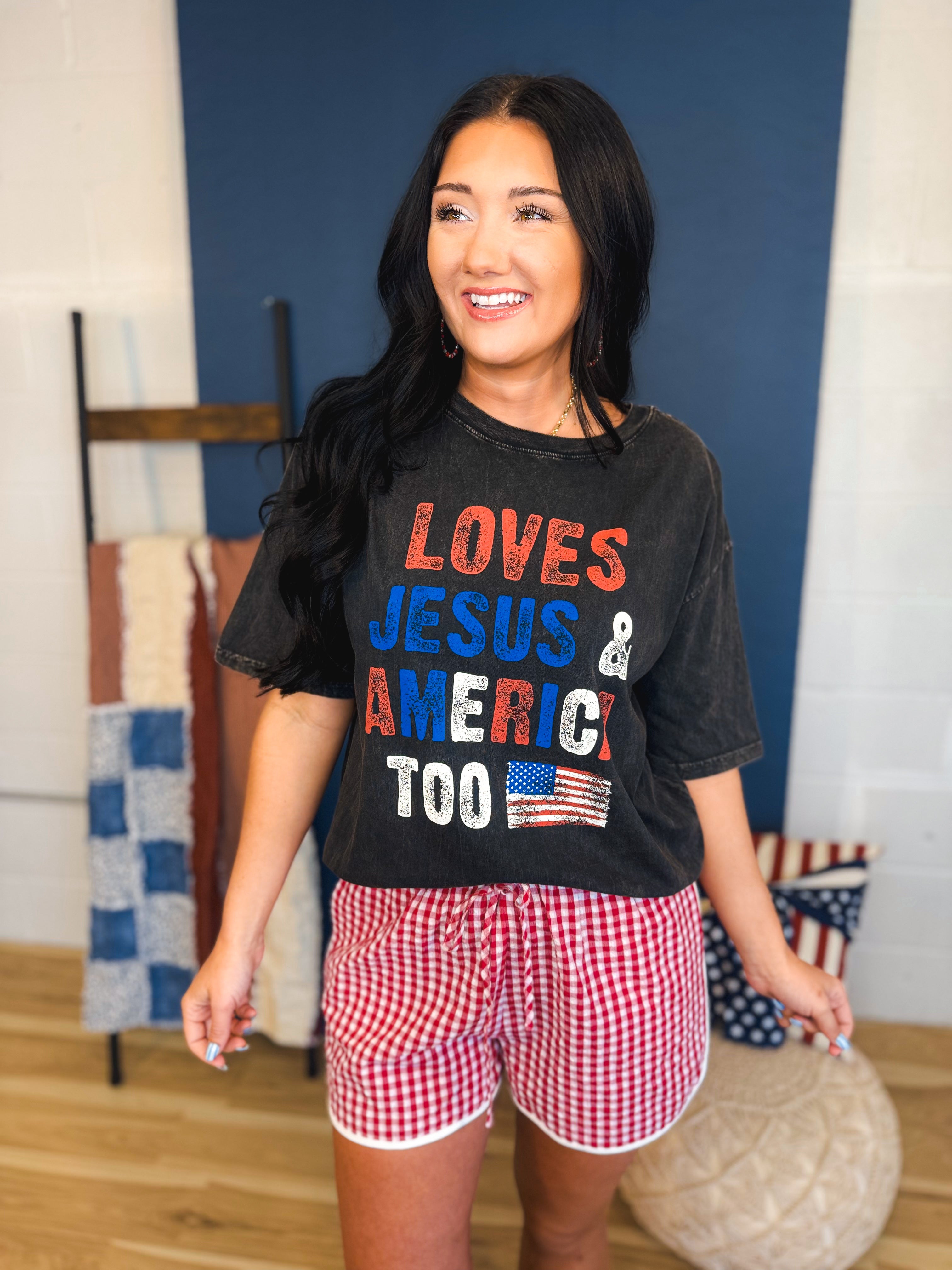 Loves Jesus & America Too Mineral Graphic Tee - Black - Lace and Grace Boutique