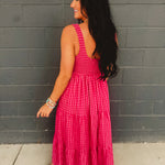Gingham Smocked Bodice Tiered Maxi Dress - Fuchsia Multi - Lace and Grace Boutique