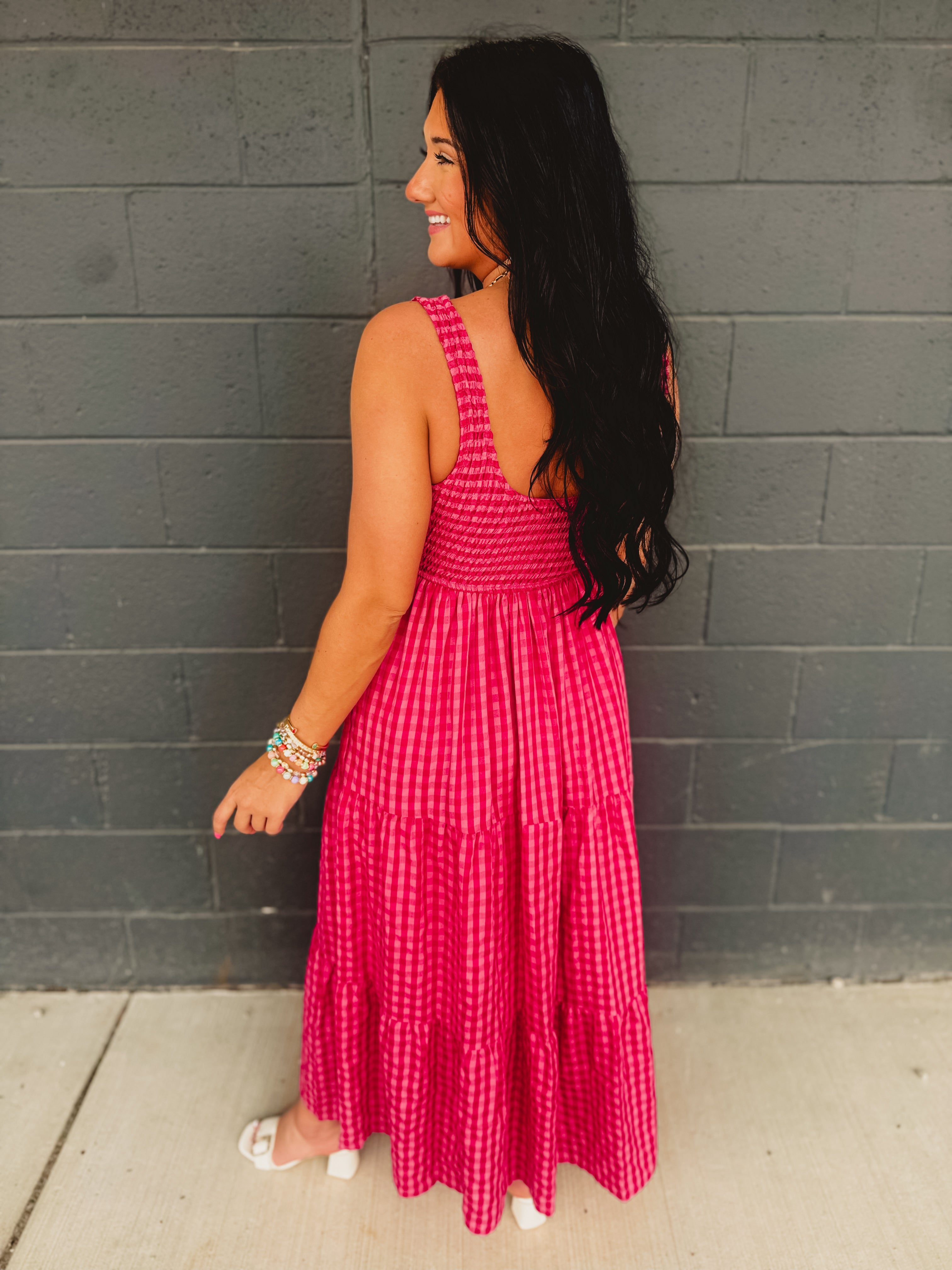 Gingham Smocked Bodice Tiered Maxi Dress - Fuchsia Multi - Lace and Grace Boutique