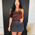 Lace Trim Satin Camisole Tank Top - Brown - Lace and Grace Boutique