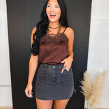 Lace Trim Satin Camisole Tank Top - Brown - Lace and Grace Boutique