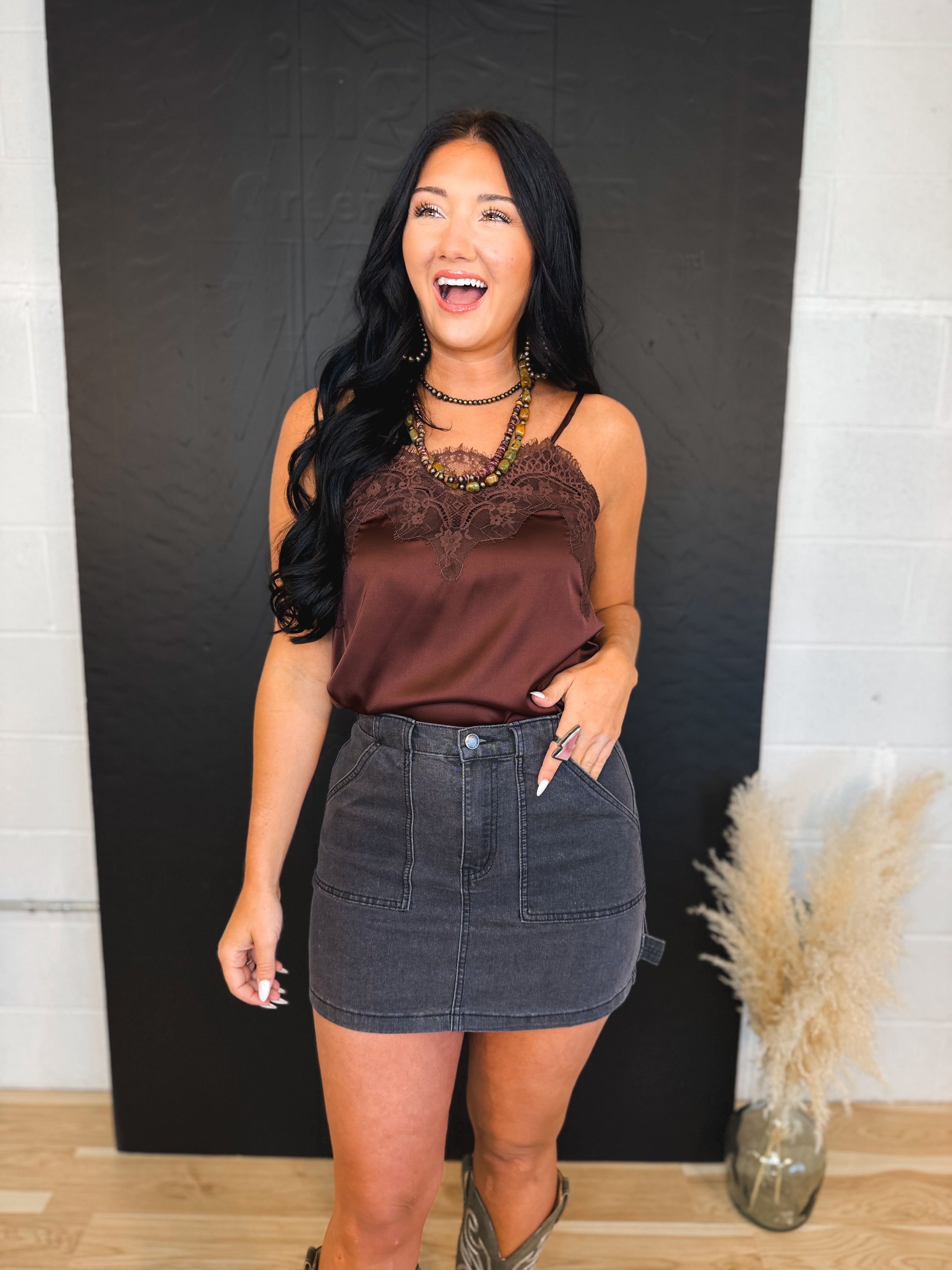 Lace Trim Satin Camisole Tank Top - Brown - Lace and Grace Boutique