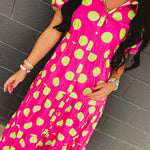 Polka Dot Cotton Poplin Button Up Maxi Dress - Hot Pink/Green - Lace and Grace Boutique