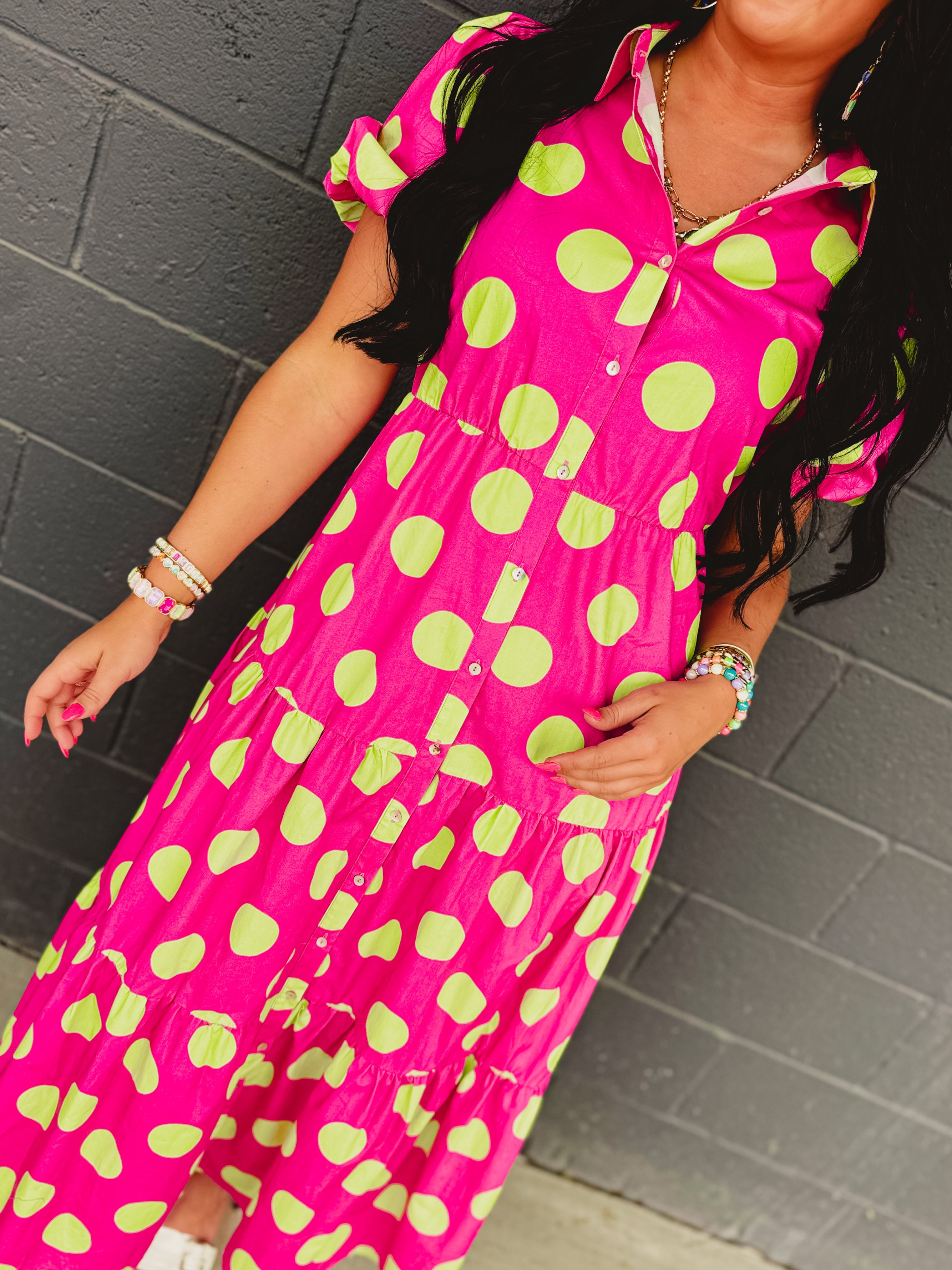 Polka Dot Cotton Poplin Button Up Maxi Dress - Hot Pink/Green - Lace and Grace Boutique