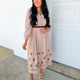 Embroidered Gingham Button Down Belted Maxi Dress - Sepia