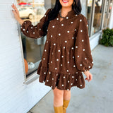 Pom-Pom Dot Corduroy Tiered Mini Dress - Chocolate