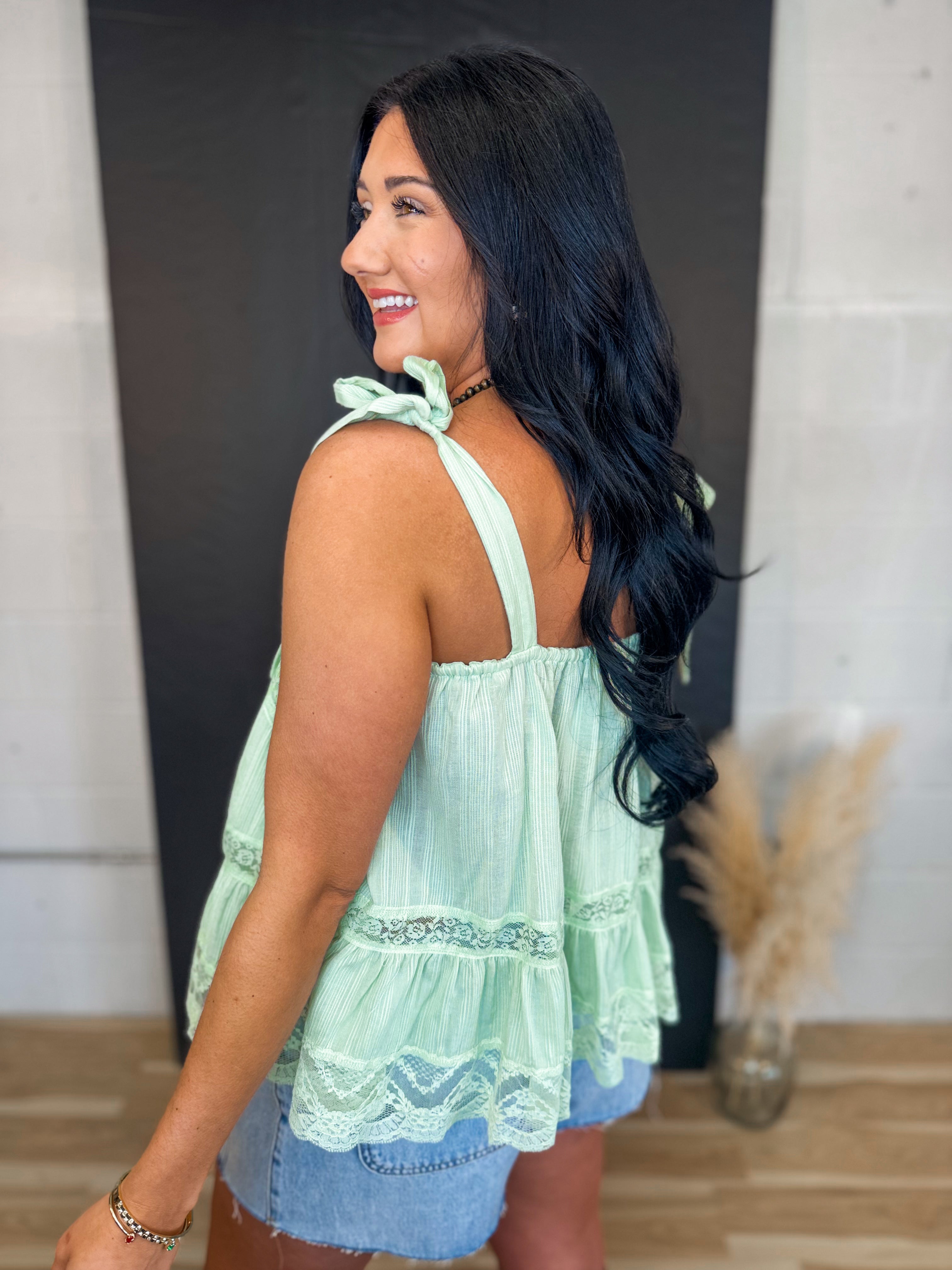 Lace Detail Shoulder Tie Tank Top - Mint - Lace and Grace Boutique