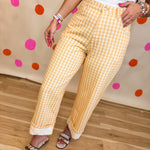 Gingham Printed Rolled Up Barrel Pants - Light Yellow - Lace and Grace Boutique