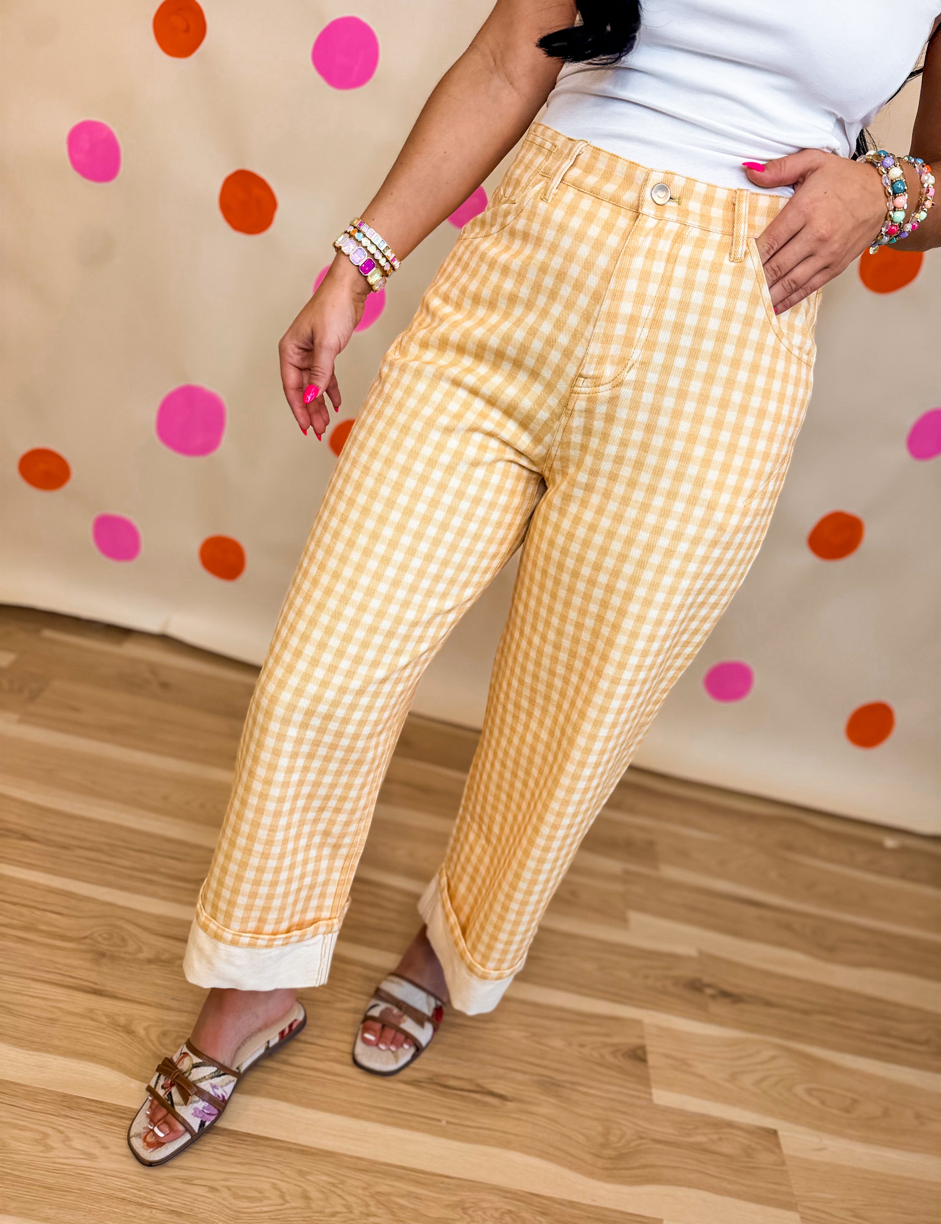 Gingham Printed Rolled Up Barrel Pants - Light Yellow - Lace and Grace Boutique