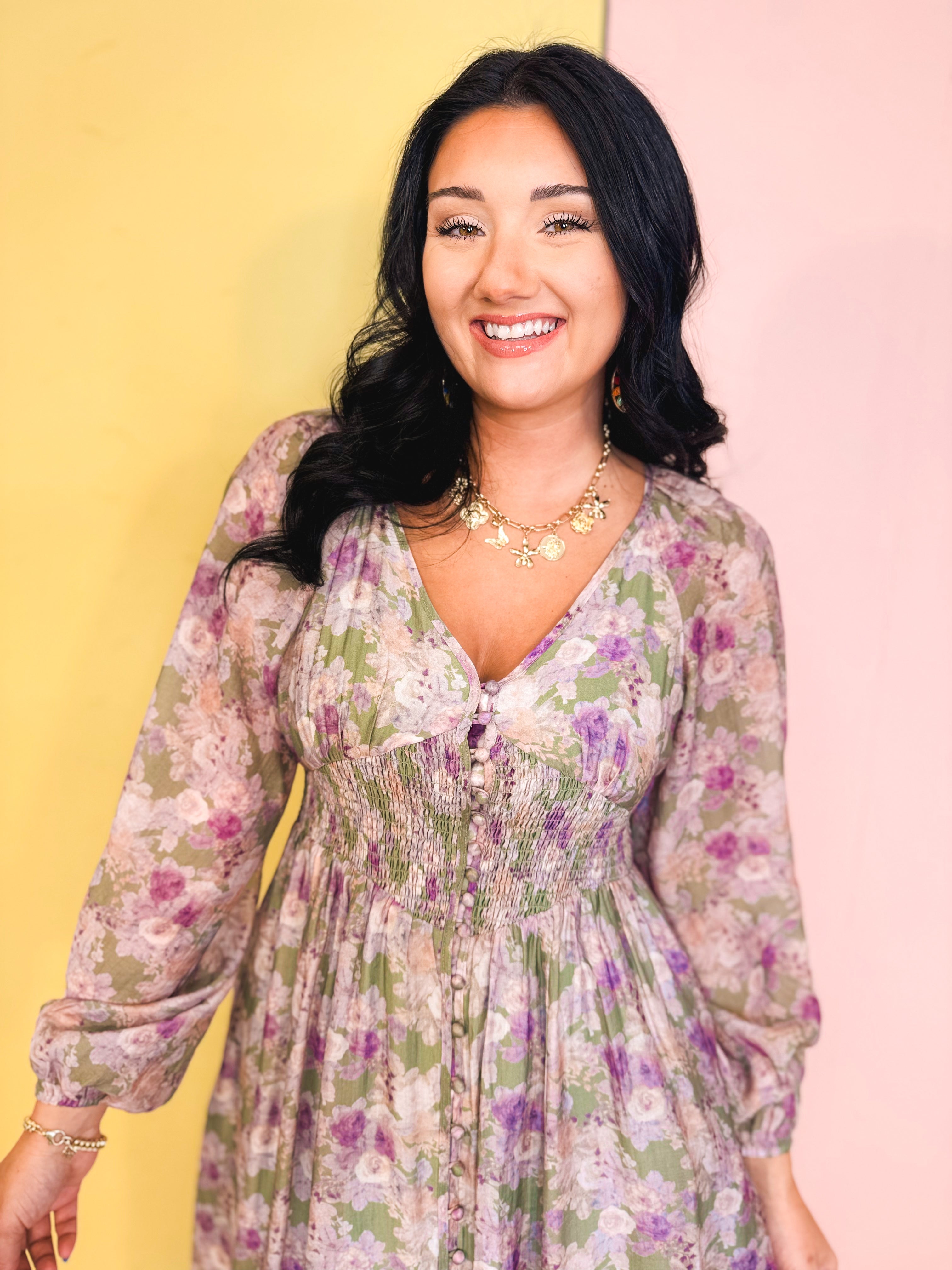 Tencel Floral Smocked Button Down Maxi Dress - Eucalyptus - Lace and Grace Boutique