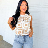 Granny Square Crochet Tank Top - White/Taupe