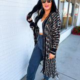 Metallic Mixed Fringe Hem Sweater Cardigan - Black Multi