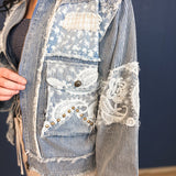 POL Textured Woven Lace Patchwork Jacket - Striped Denim