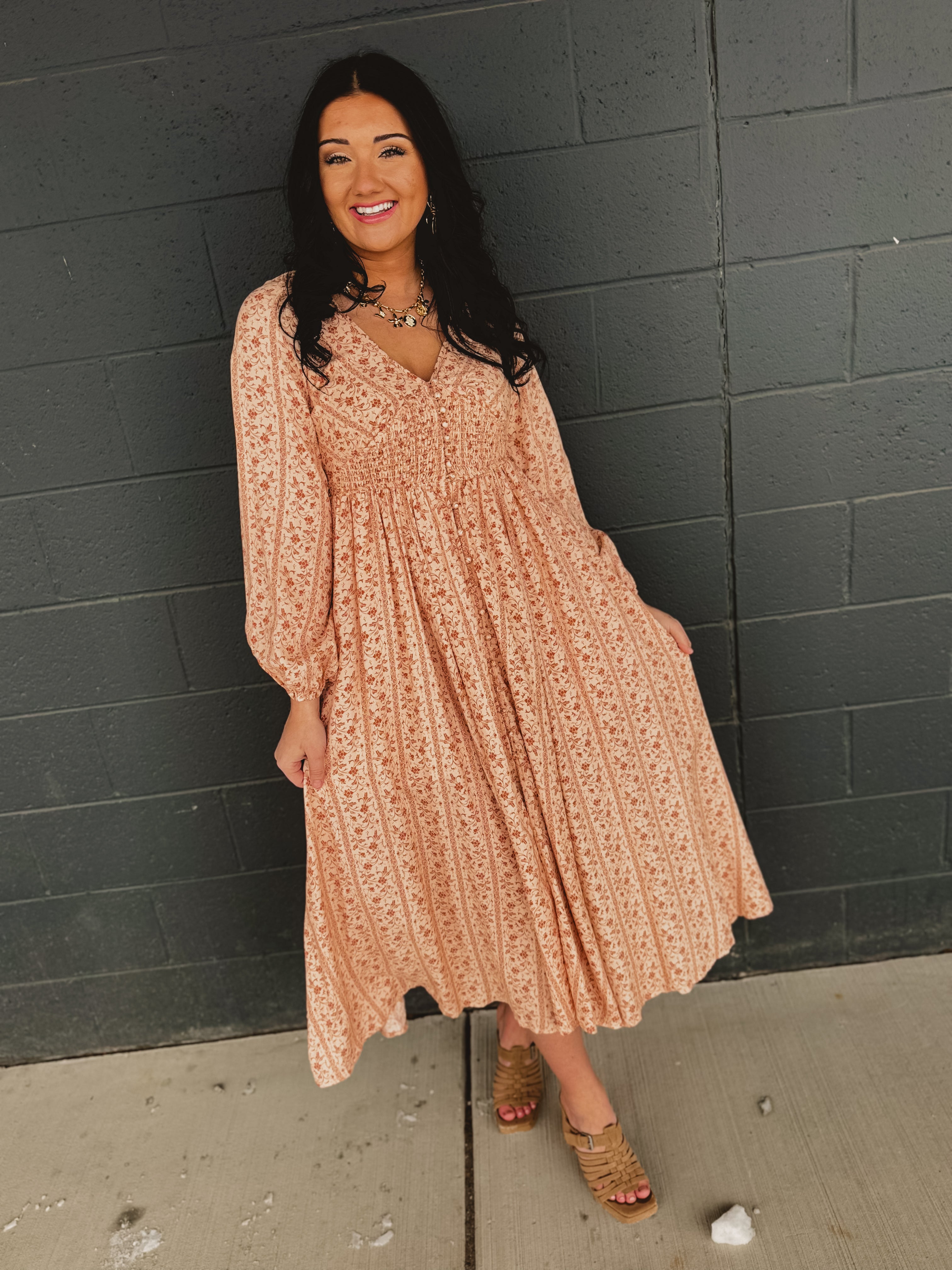 Smocked Button Down Long Sleeve Maxi Dress - Clay - Lace and Grace Boutique