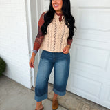Patchwork Print Mock Neck Mesh Top - Brown Multi