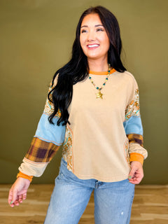 Paisley Multi Print Long Sleeve Terry Top - Beige Multi - Lace and Grace Boutique