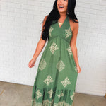 Smocked Border Print Maxi Dress - Rich Teal - Lace and Grace Boutique