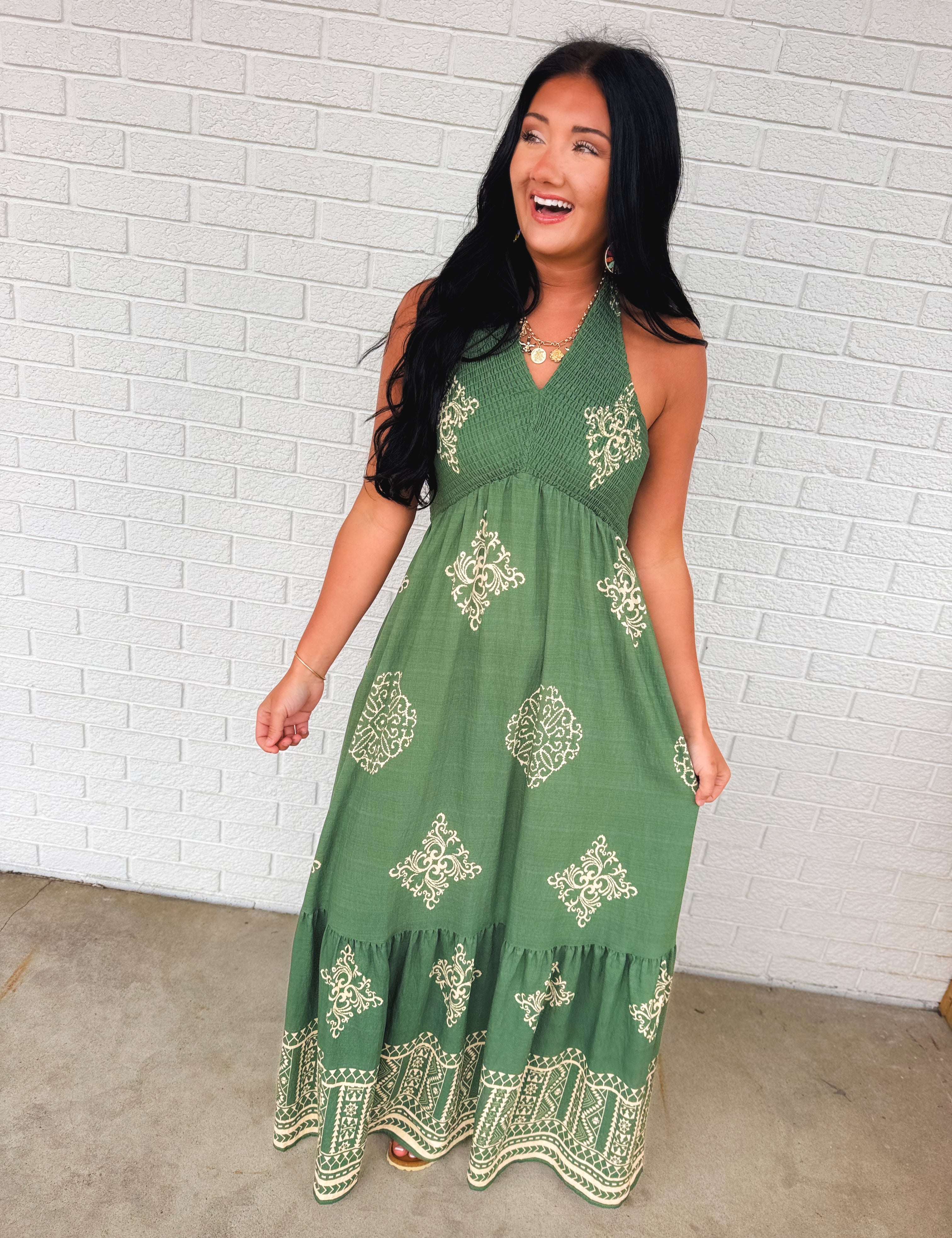 Smocked Border Print Maxi Dress - Rich Teal - Lace and Grace Boutique