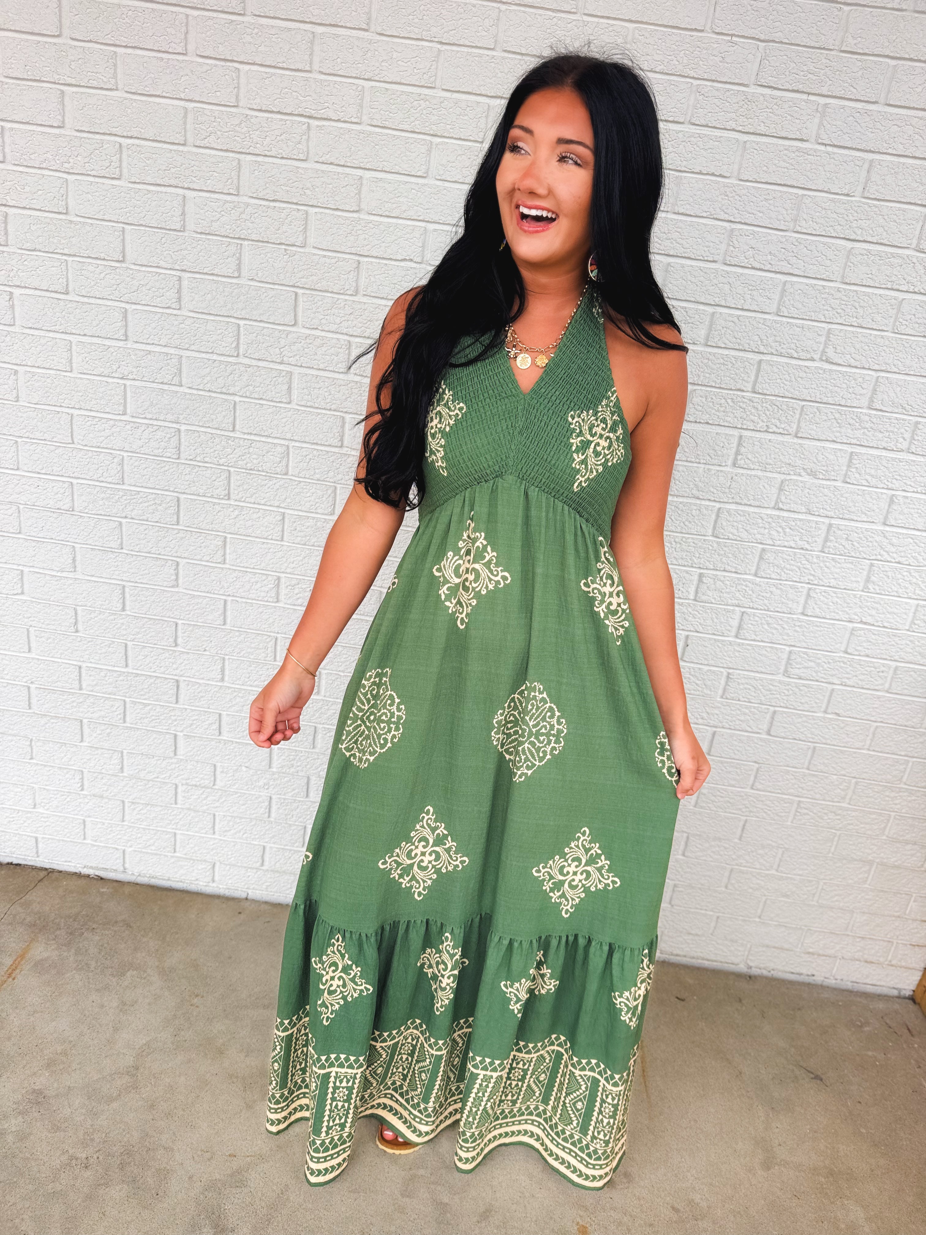 Smocked Border Print Maxi Dress - Rich Teal - Lace and Grace Boutique