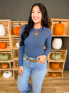 Basic Ribbed Crewneck Long Sleeve Top - Dark Indigo - Lace and Grace Boutique