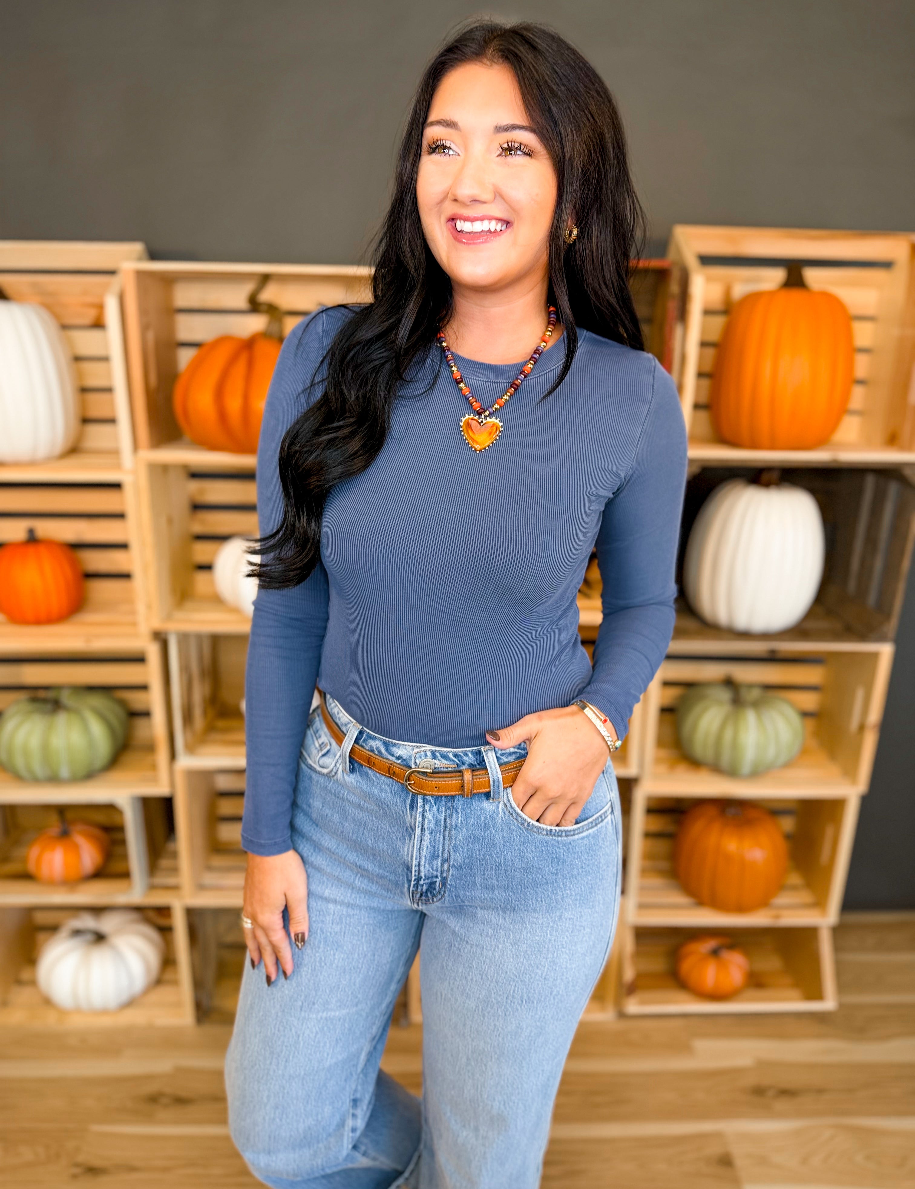 Basic Ribbed Crewneck Long Sleeve Top - Dark Indigo - Lace and Grace Boutique