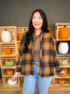 Tartan Plaid Button Down Flannel Top - Latte - Lace and Grace Boutique