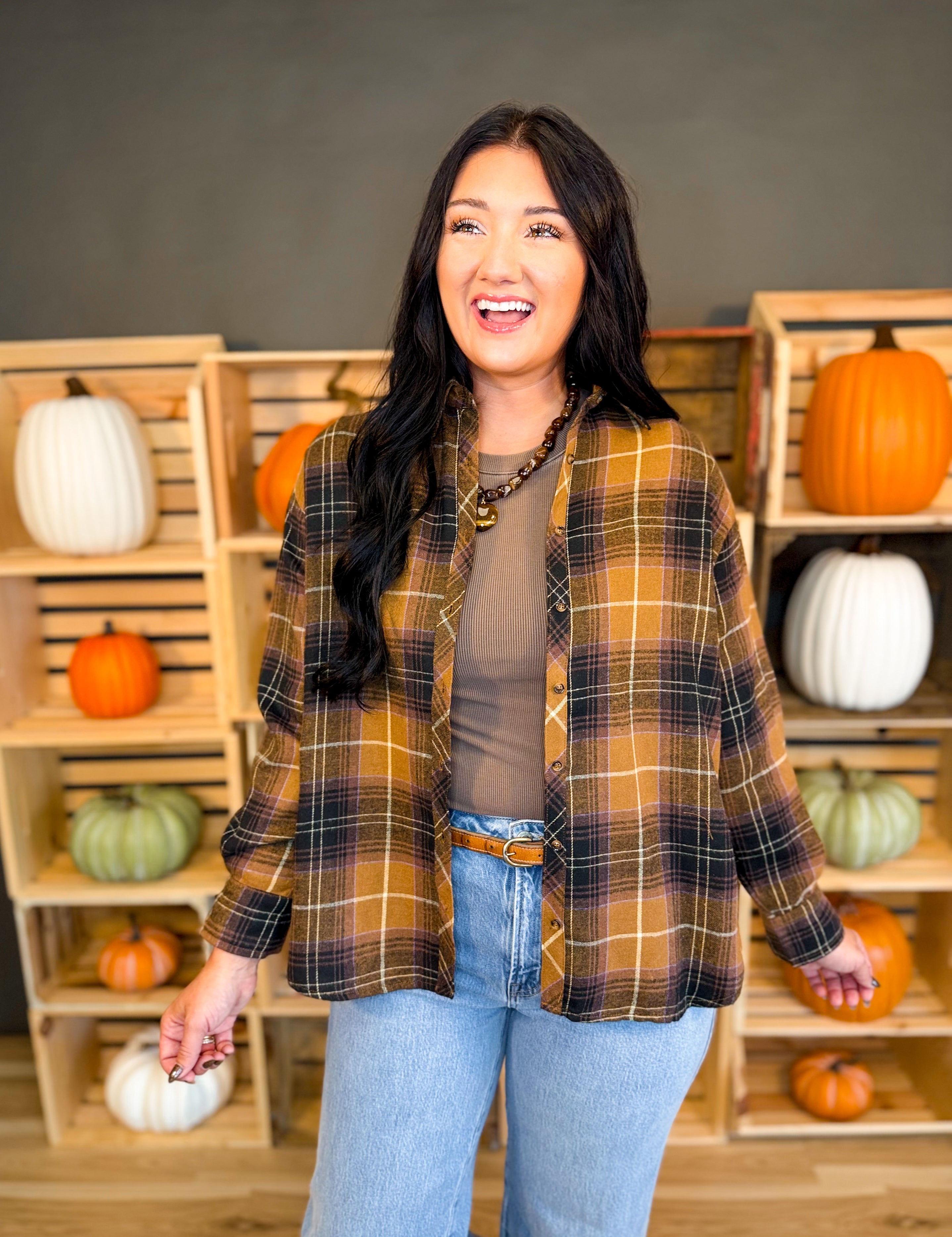 Tartan Plaid Button Down Flannel Top - Latte - Lace and Grace Boutique