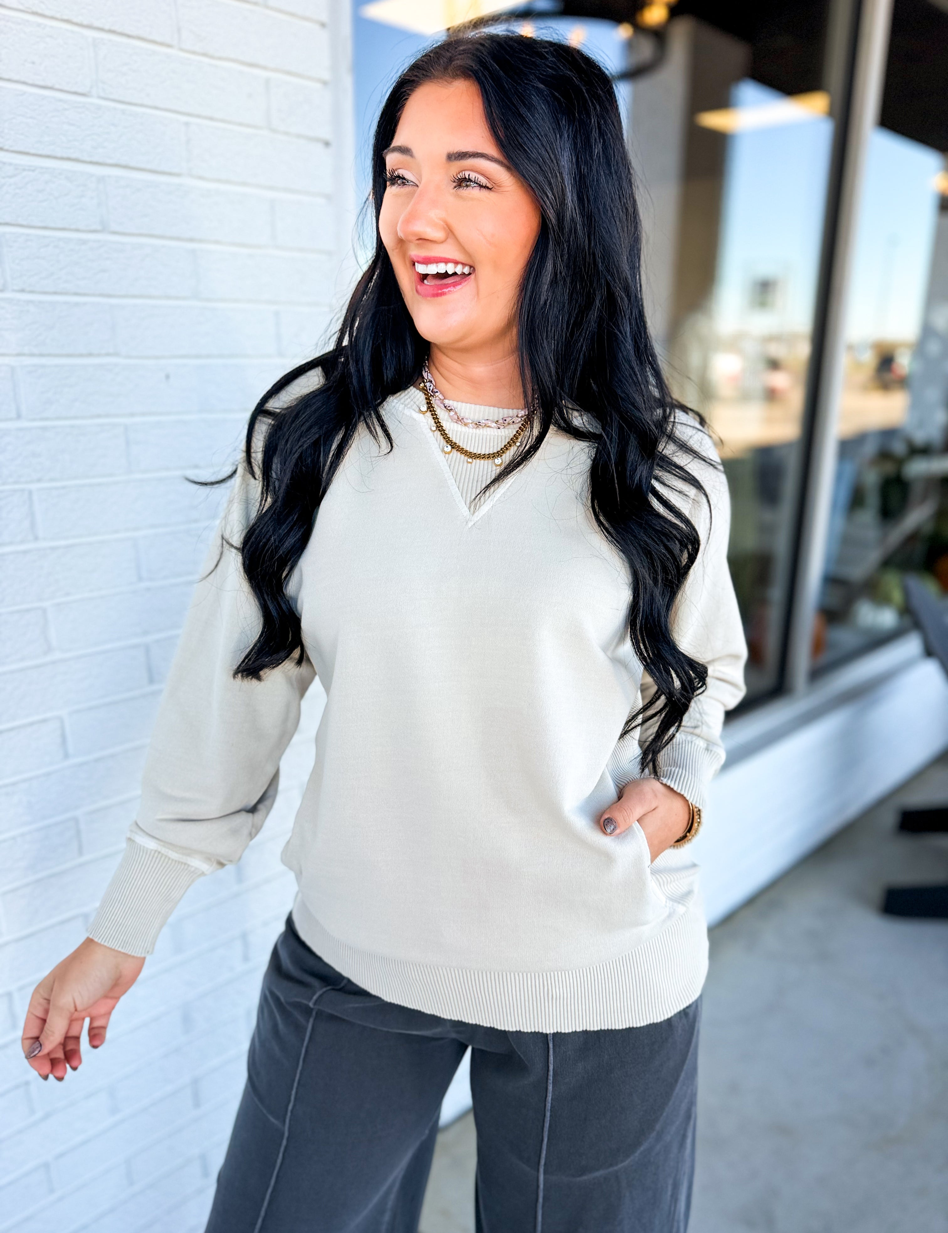 Pigment Dyed French Terry Pullover - Sand Beige - Lace and Grace Boutique