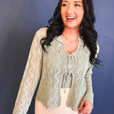 Scalloped Crochet Front Tie Sweater - Dark Sage - Lace and Grace Boutique