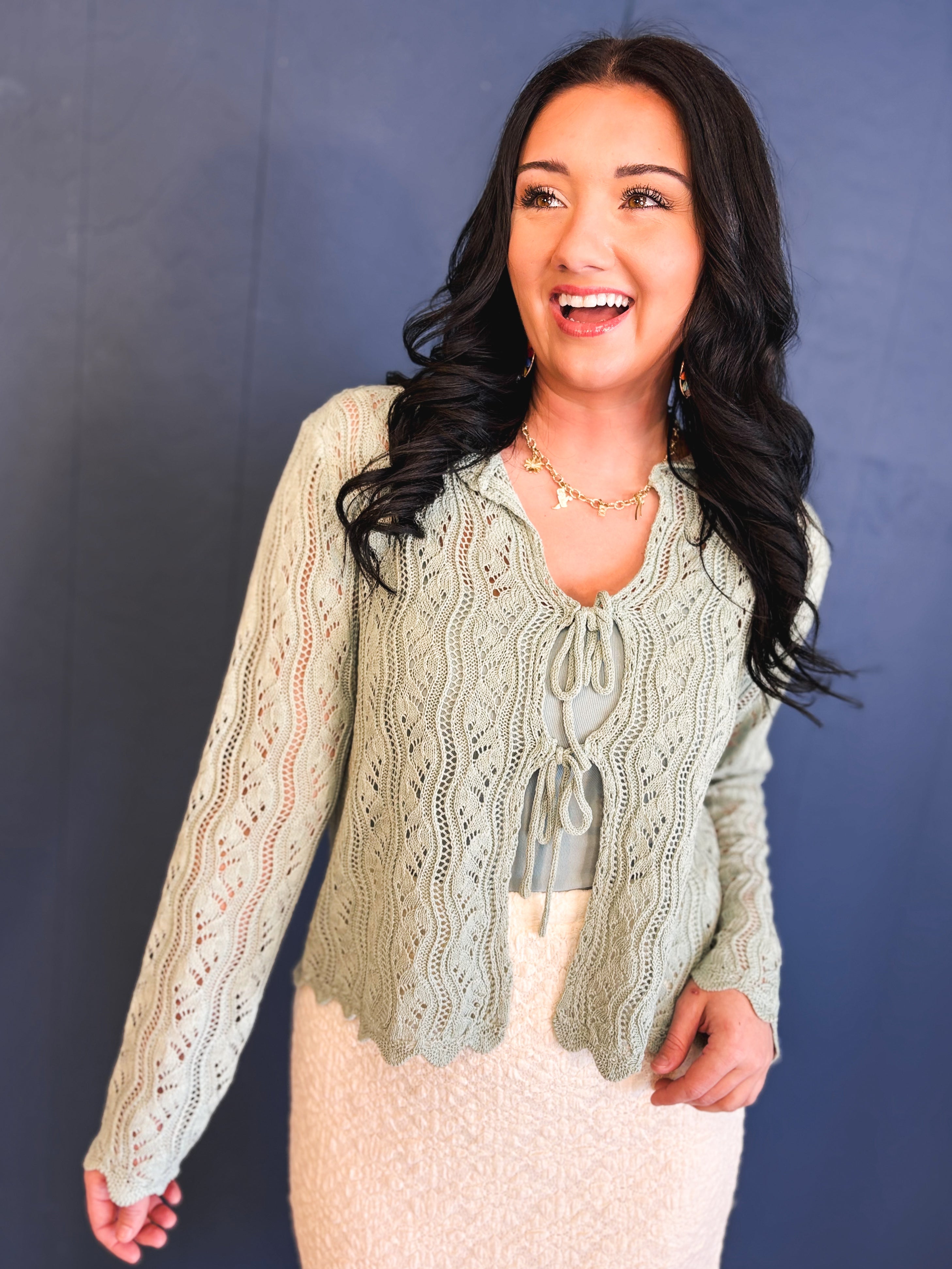Scalloped Crochet Front Tie Sweater - Dark Sage - Lace and Grace Boutique