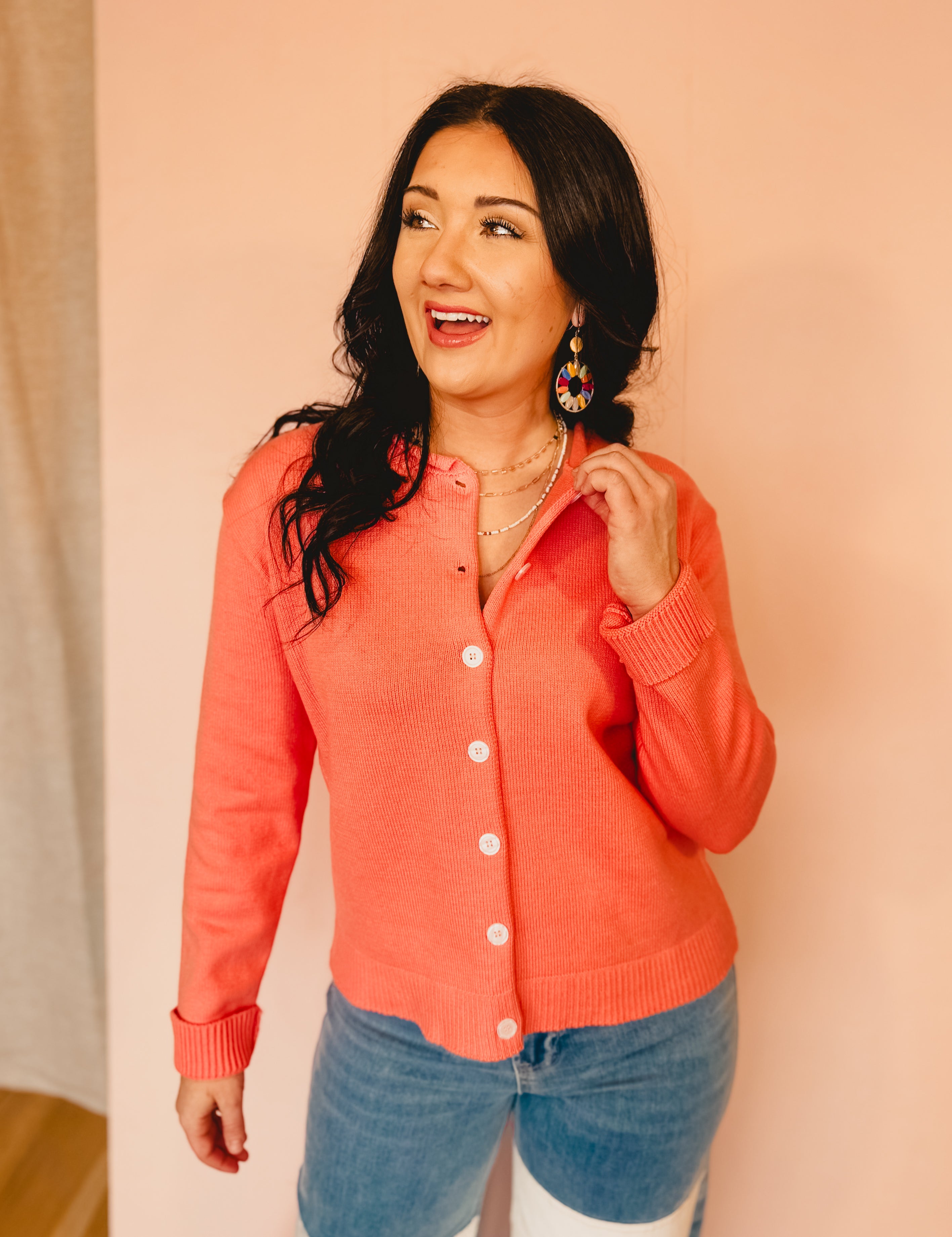 Raw Edge Neckline Button-Up Cardigan - Sunkist - Lace and Grace Boutique