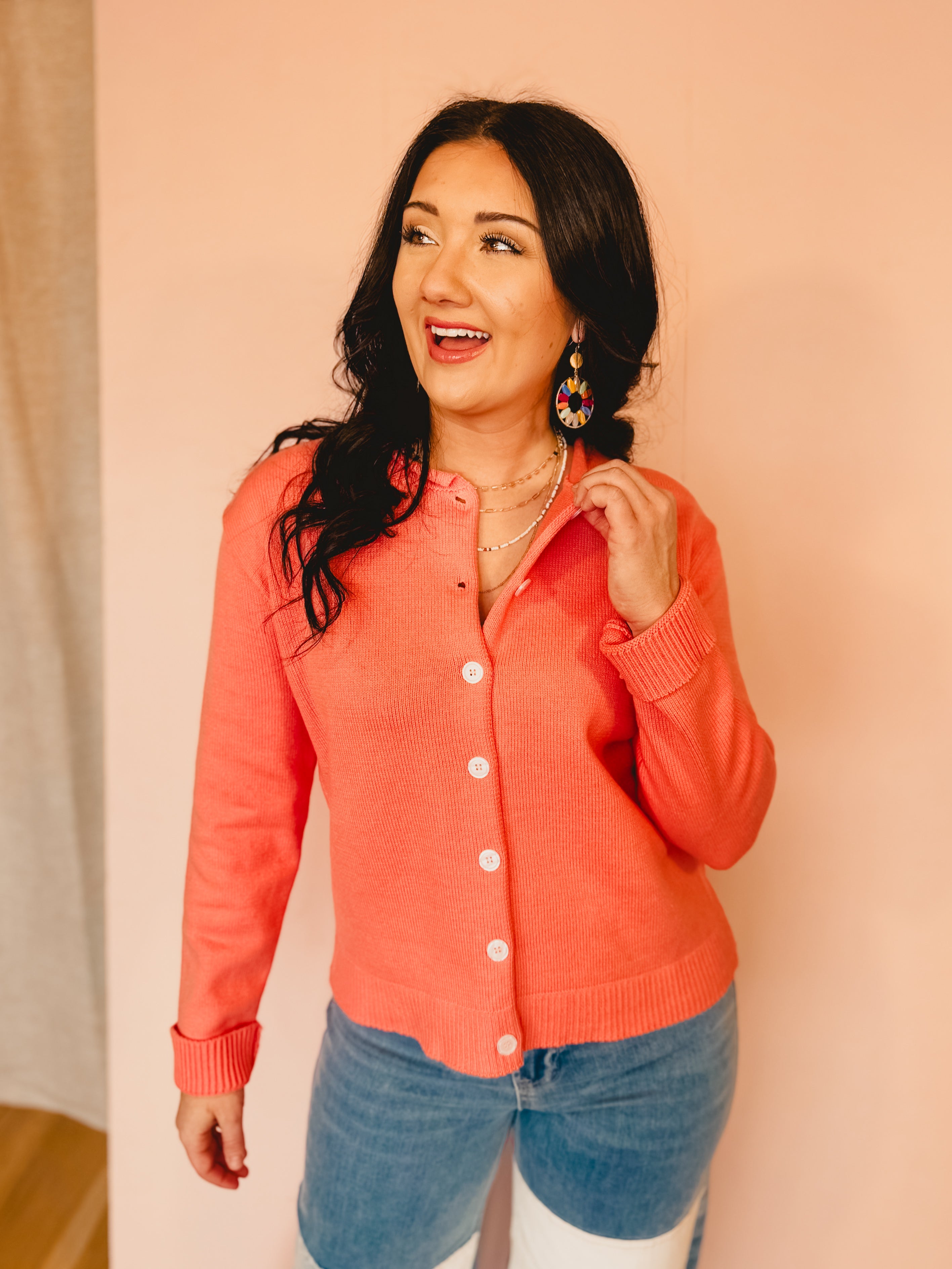 Raw Edge Neckline Button-Up Cardigan - Sunkist - Lace and Grace Boutique