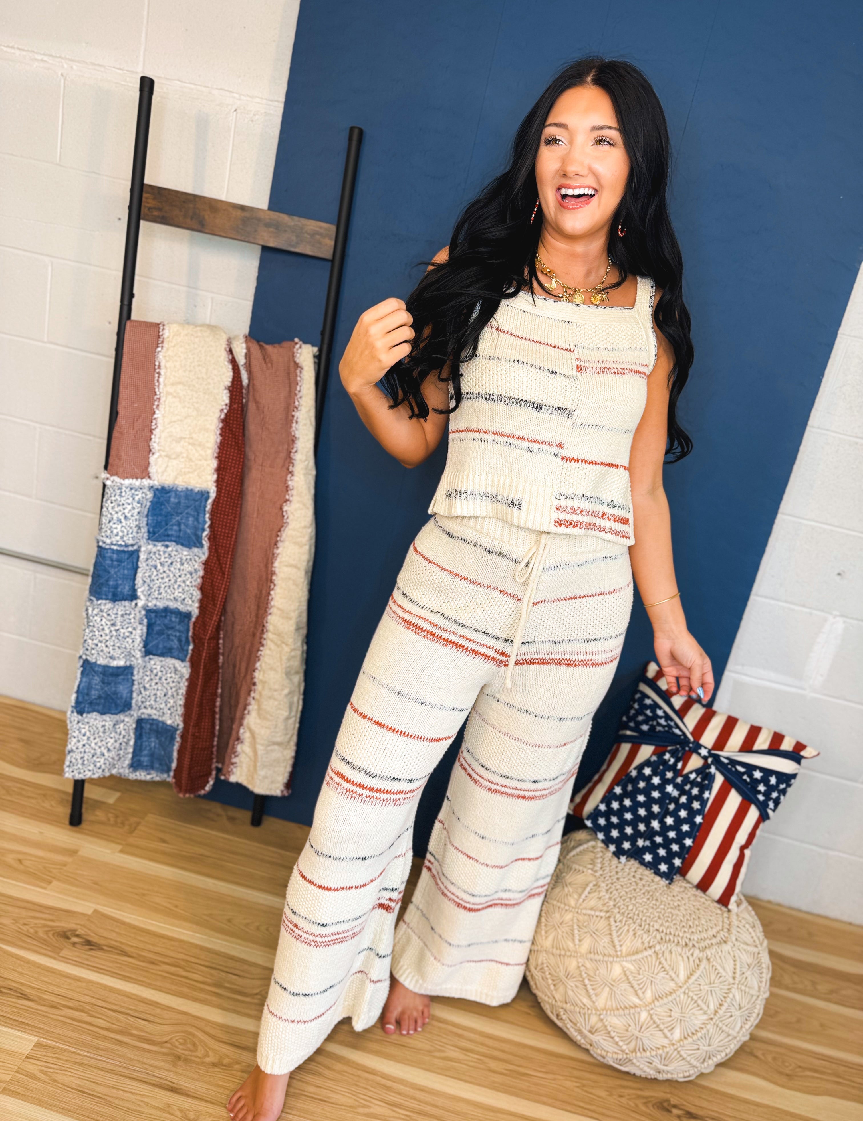 Textured Stripe Pattern Knit Pants - Cream Multi - Lace and Grace Boutique