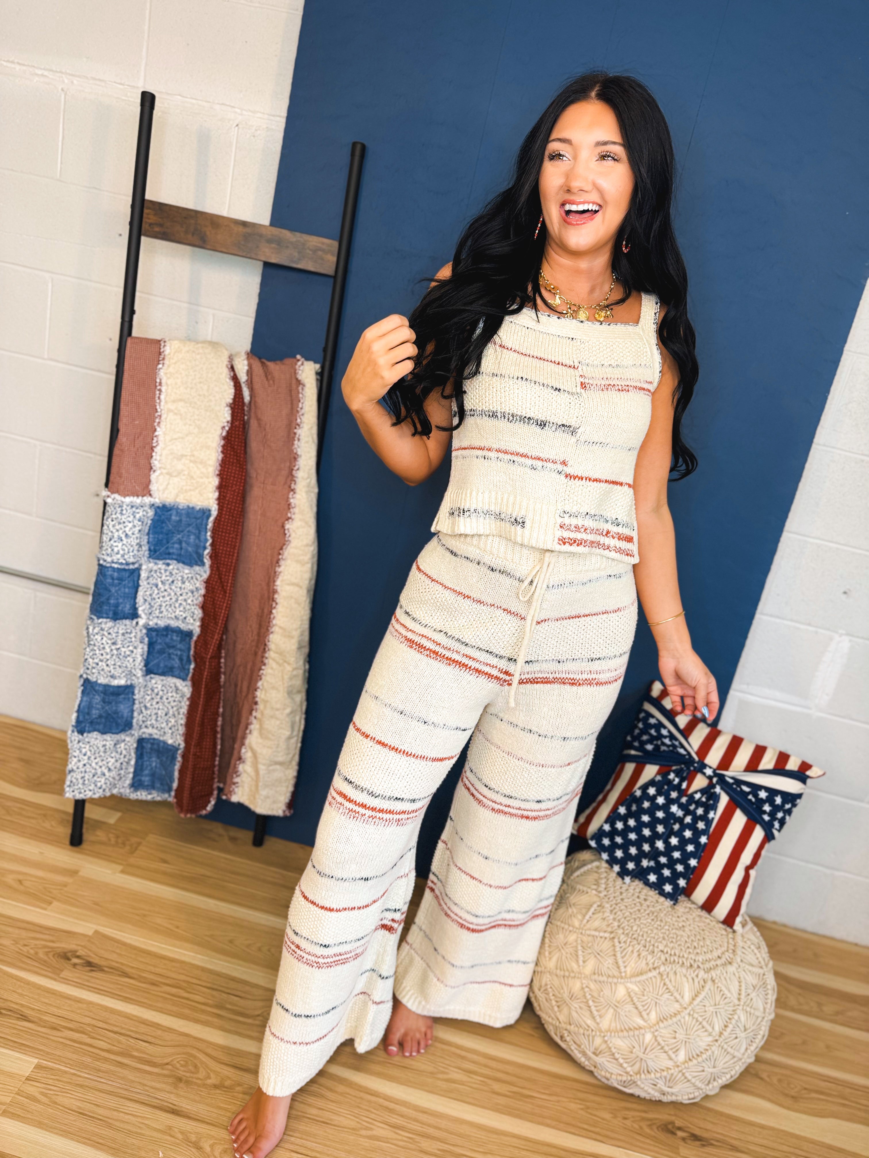Textured Stripe Pattern Knit Pants - Cream Multi - Lace and Grace Boutique