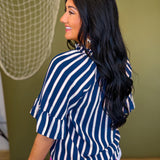 Striped Ruffle Sleeve V-Neck Blouse - Navy - Lace and Grace Boutique