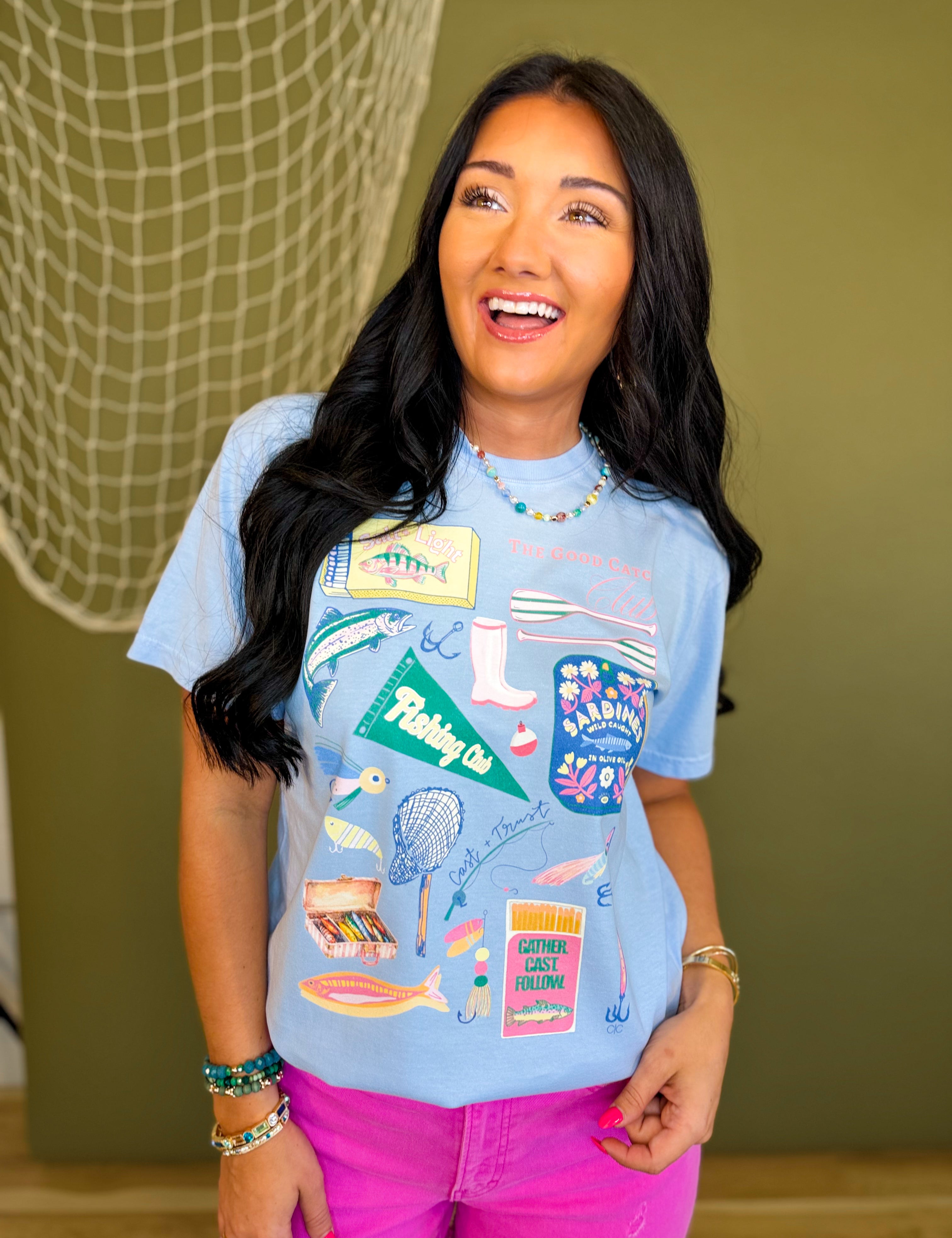 Fishing Club Match Box Graphic Tee - Hydrangea - Lace and Grace Boutique