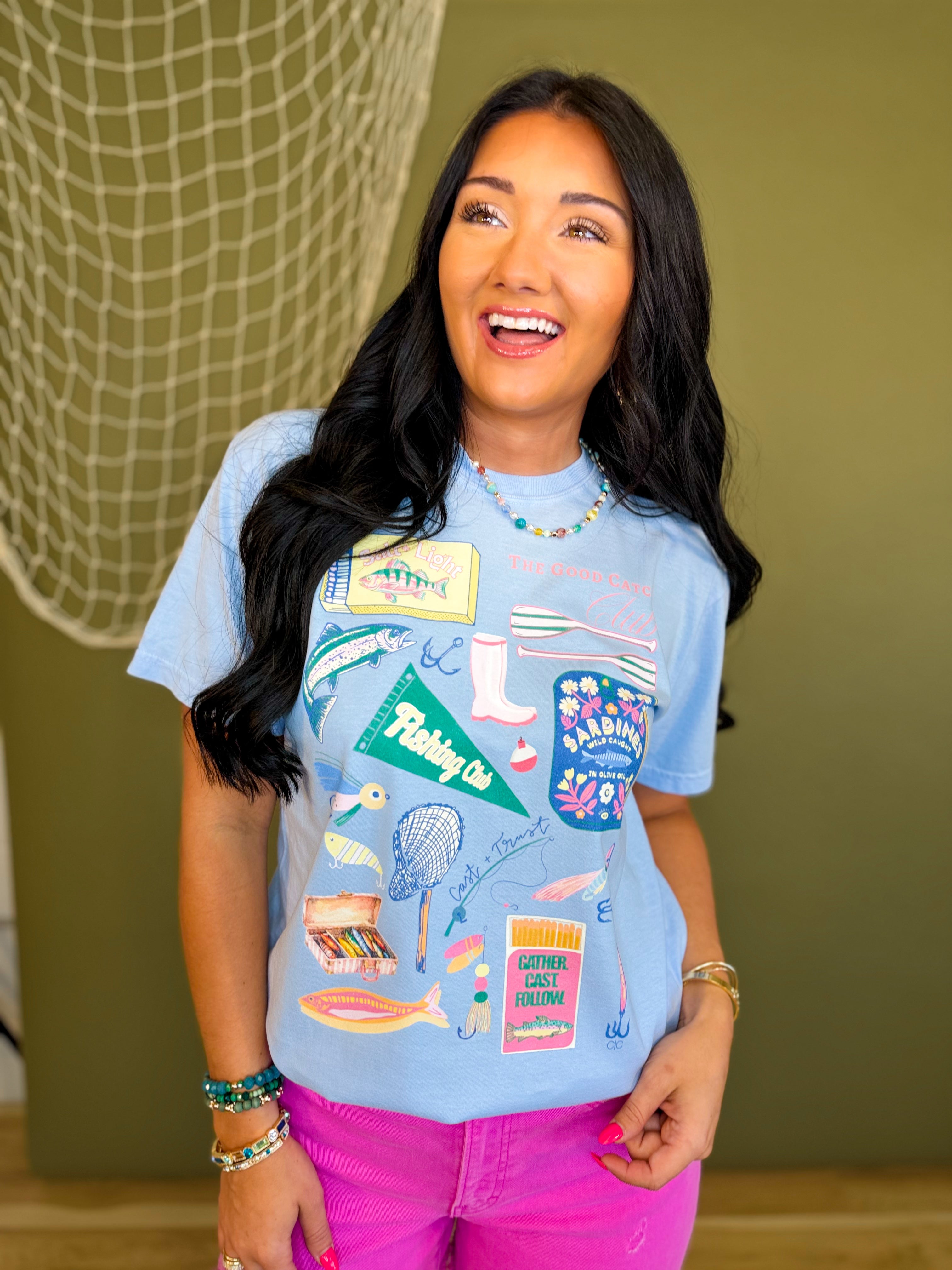 Fishing Club Match Box Graphic Tee - Hydrangea - Lace and Grace Boutique