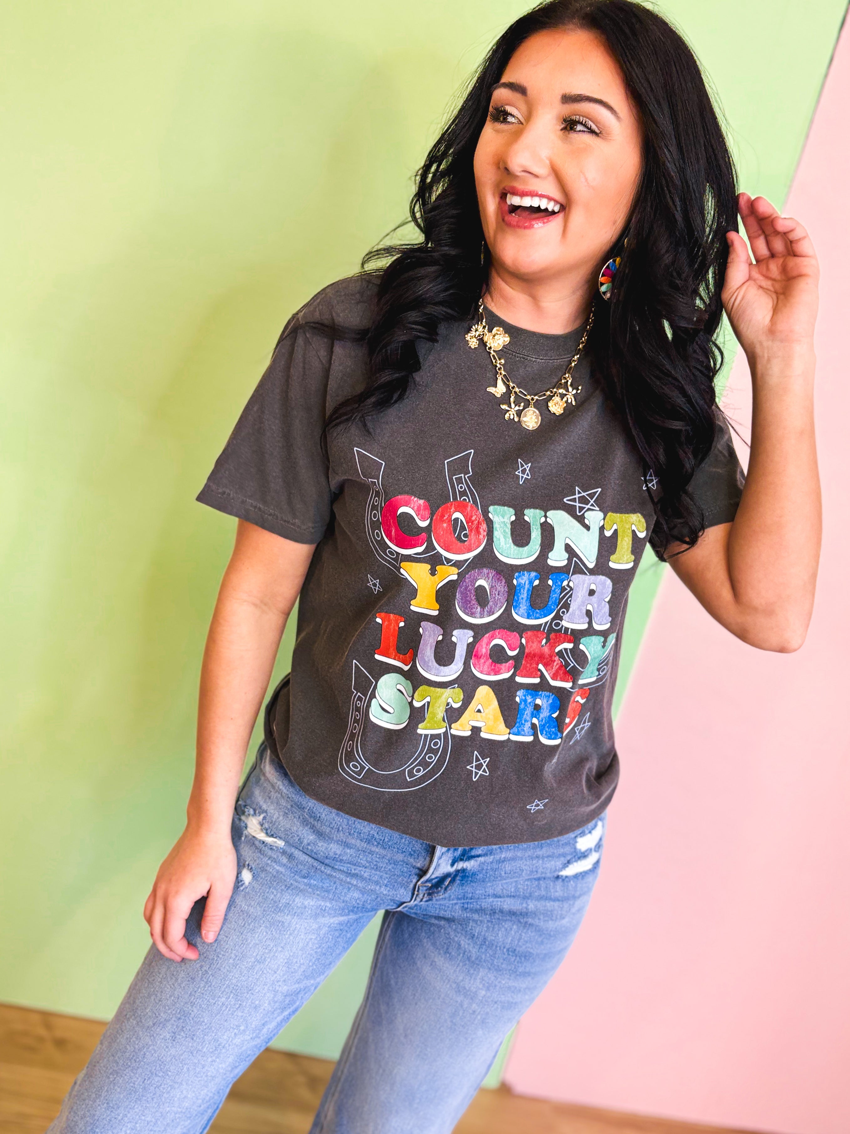 Count Your Lucky Stars Graphic Tee - Charcoal - Lace and Grace Boutique
