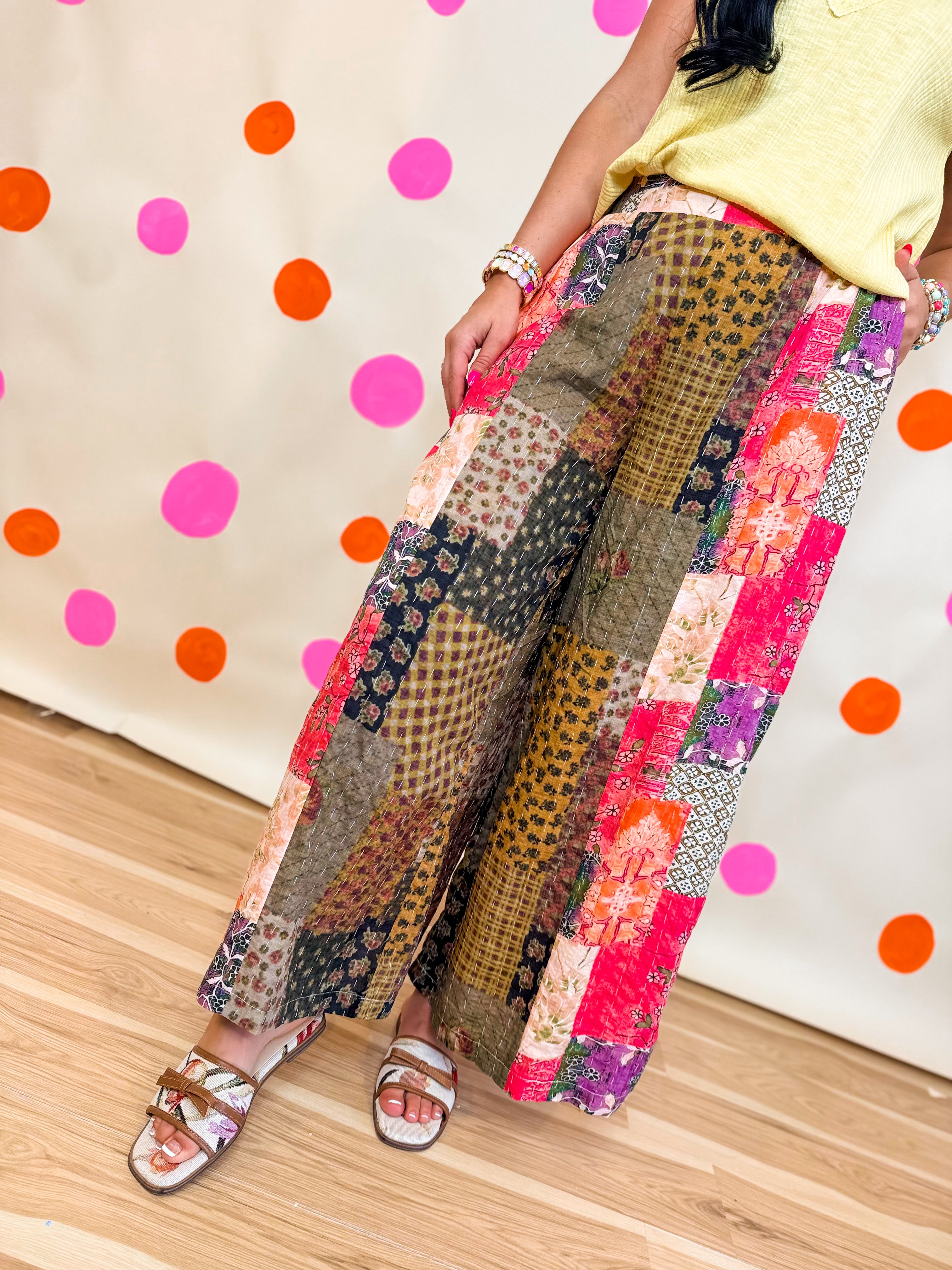 POL Multi Print Stitched Woven Pants - Taupe Pink Multi - Lace and Grace Boutique