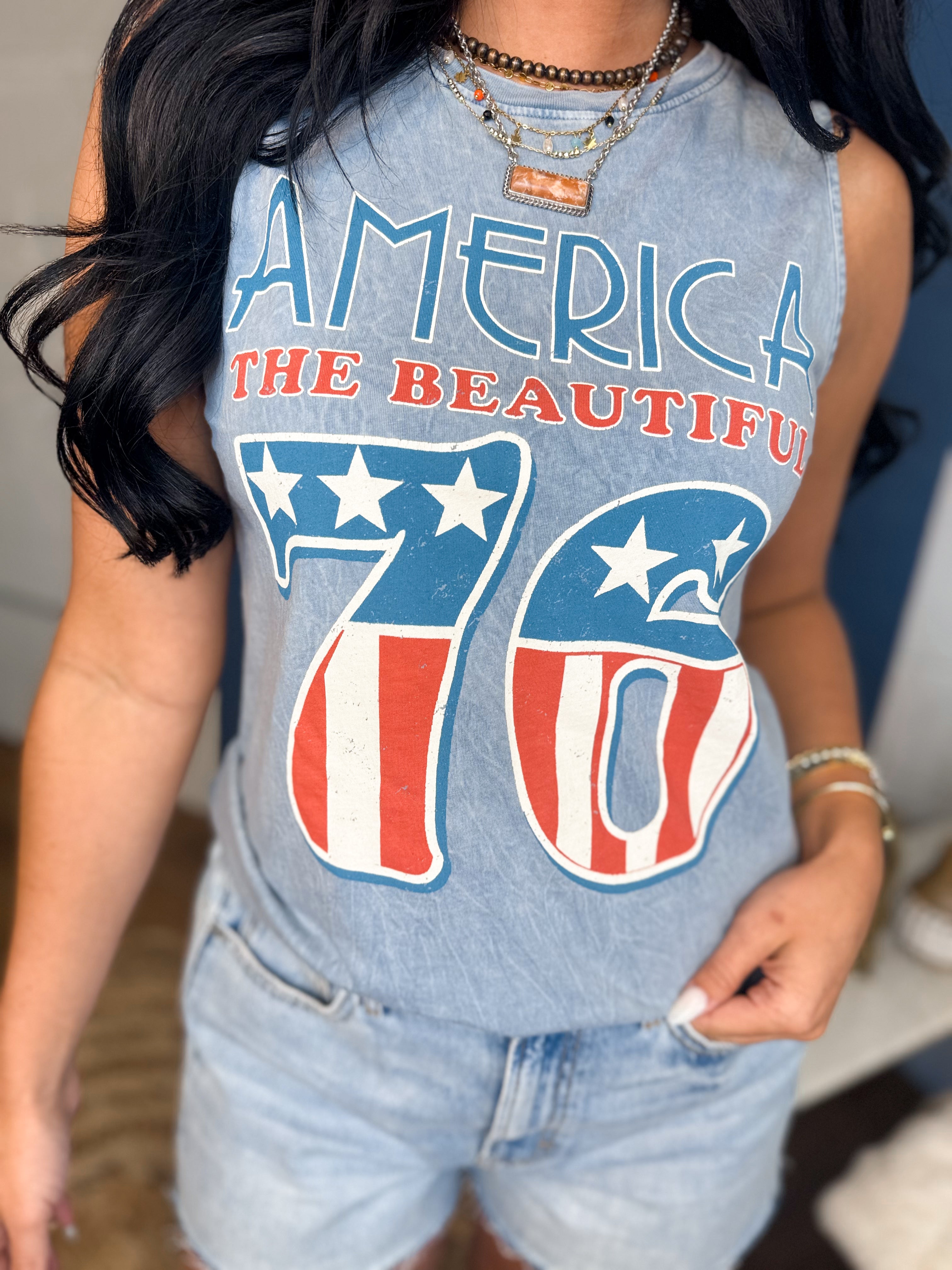 America 76 Graphic Tank Top - Mineral Vintage Blue - Lace and Grace Boutique