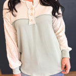 Two Tone Ribbed Knit Lace Detail Henley Top - Sage - Lace and Grace Boutique