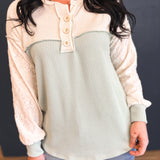 Two Tone Ribbed Knit Lace Detail Henley Top - Sage - Lace and Grace Boutique