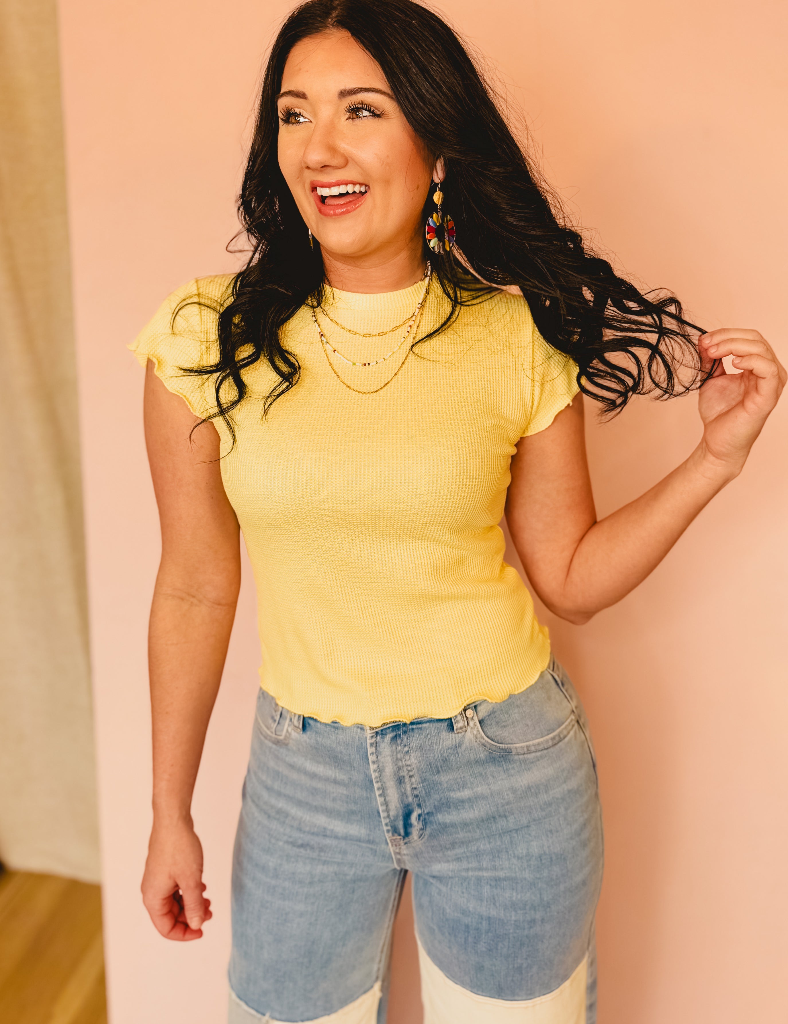 Lettuce Hem Mini Waffle Knit Top - Lemon - Lace and Grace Boutique